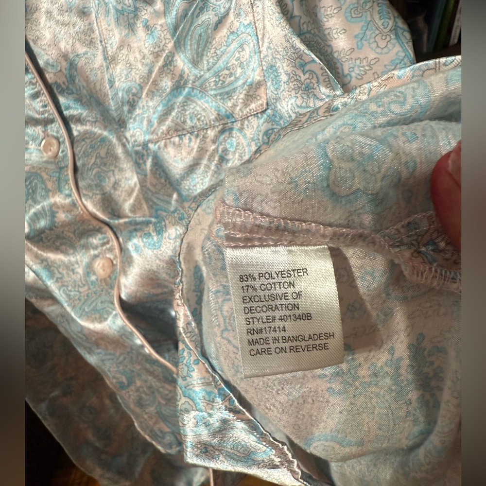 Miss Elaine 2 piece pajama set sz large pink and blue paisley satin - Picture 4 of 8